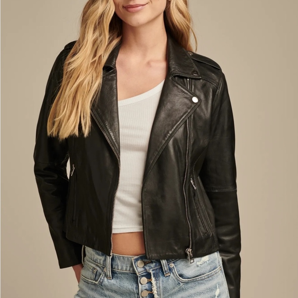 Lucky Brand Women’s Black Genuine Lamb Leather Moto Jacket